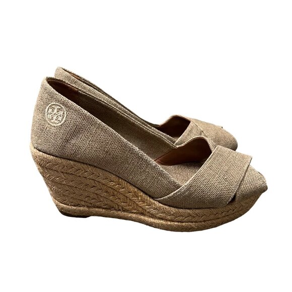Tory Burch Tan Canvas Filipa Peep Toe Wedge Espadrille Womens Size 5.5 - Picture 3 of 8